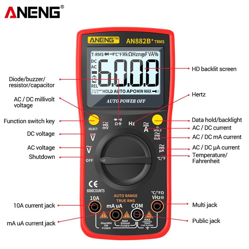 AN882B+ Digital 6000 Count Professional Multimeter True RMS ACDC Voltage Current  Multimetro Auto Transistor Temp Tester