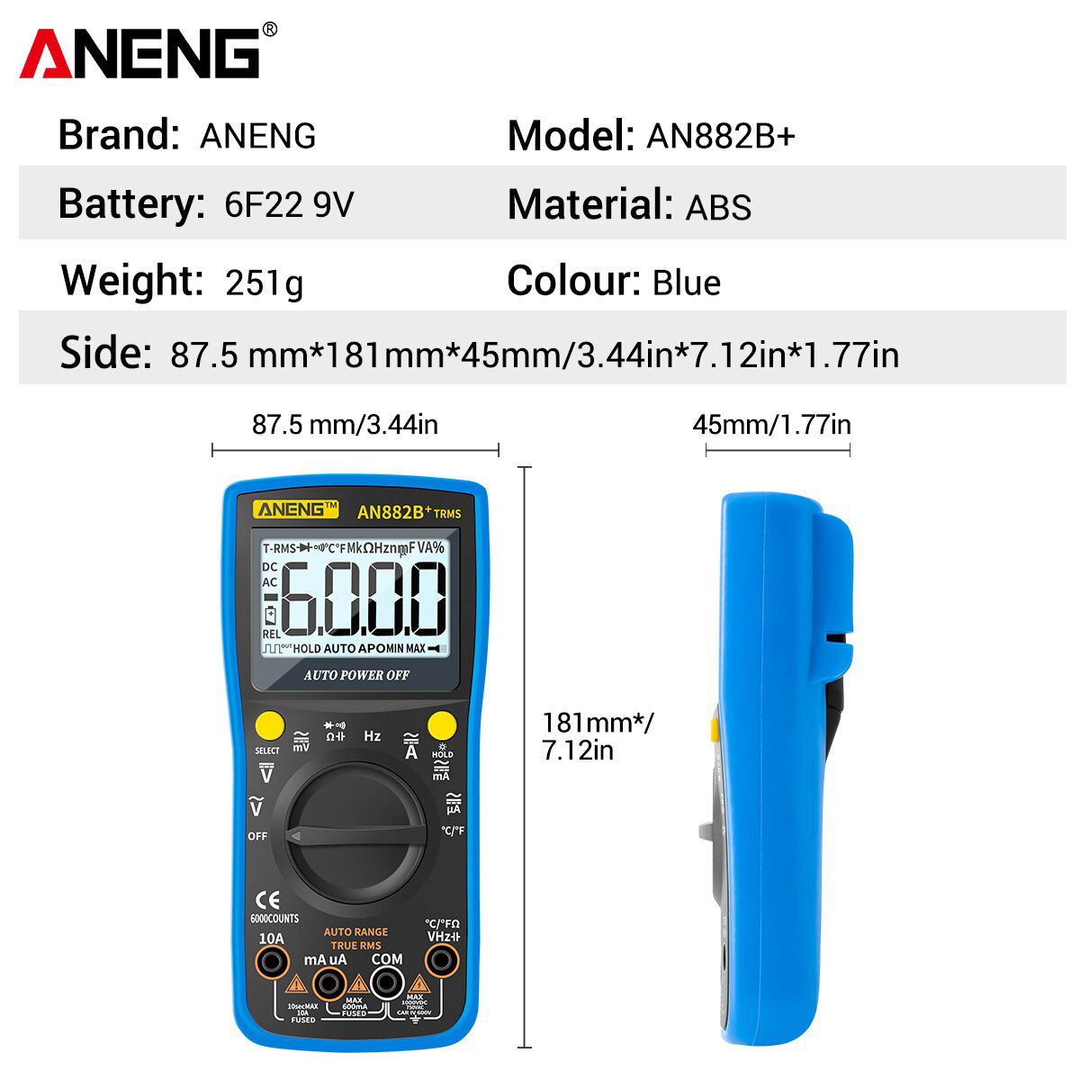 AN882B+ Digital 6000 Count Professional Multimeter True RMS ACDC Voltage Current  Multimetro Auto Transistor Temp Tester