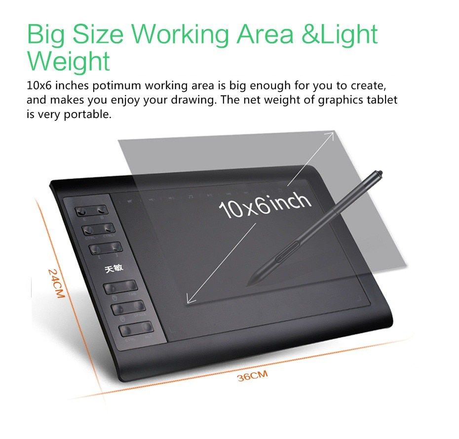 10*6 Inch Professional Graphic Tablet 8192 Levels Digital Drawing Tablet For MAC Window No need charge Pen Tablet