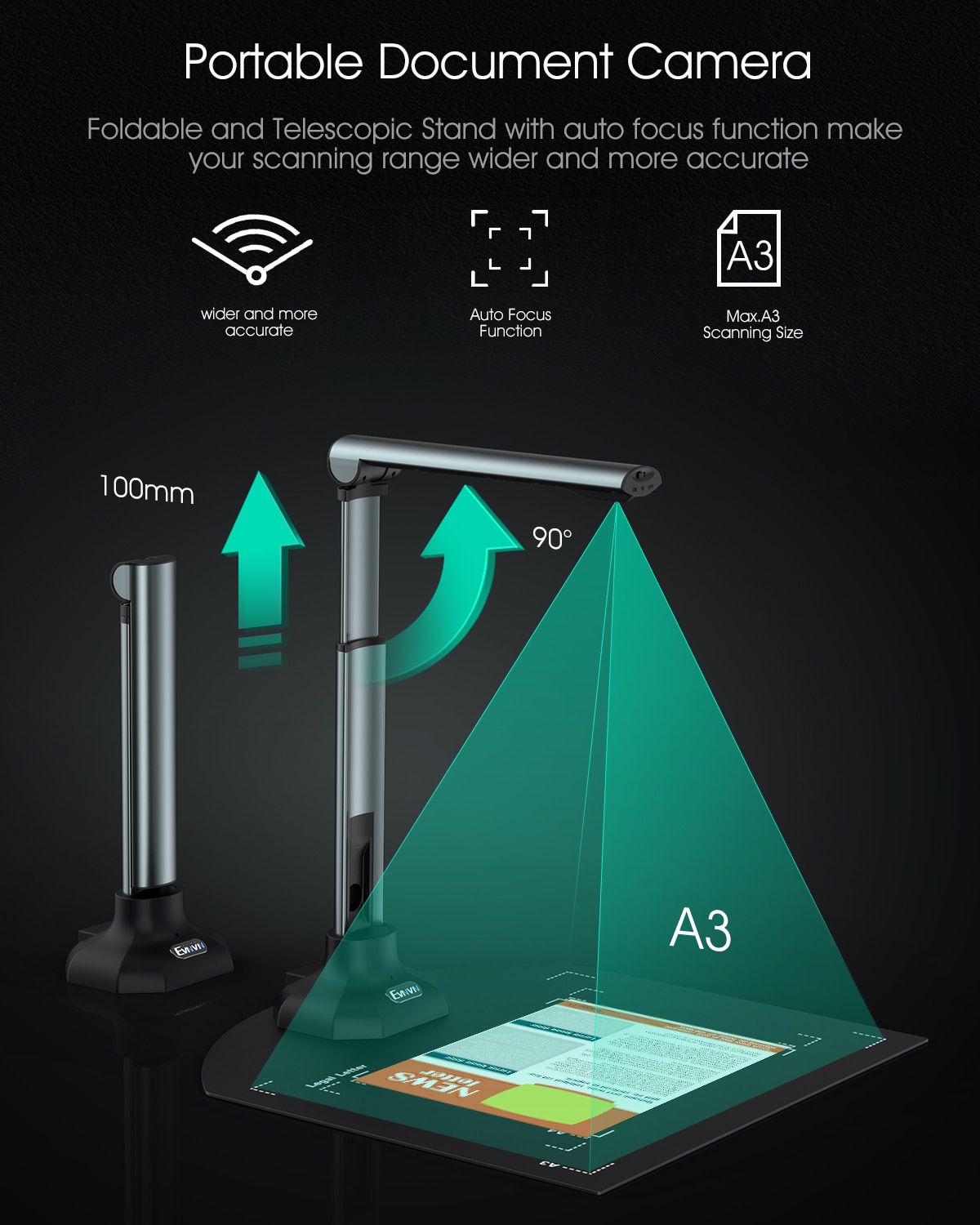 12MP USB Document Camera for Teachers Laptop A3/A4 Size Portable Book Document Scanner with Extension Stand OCR Zoom Paint Tool