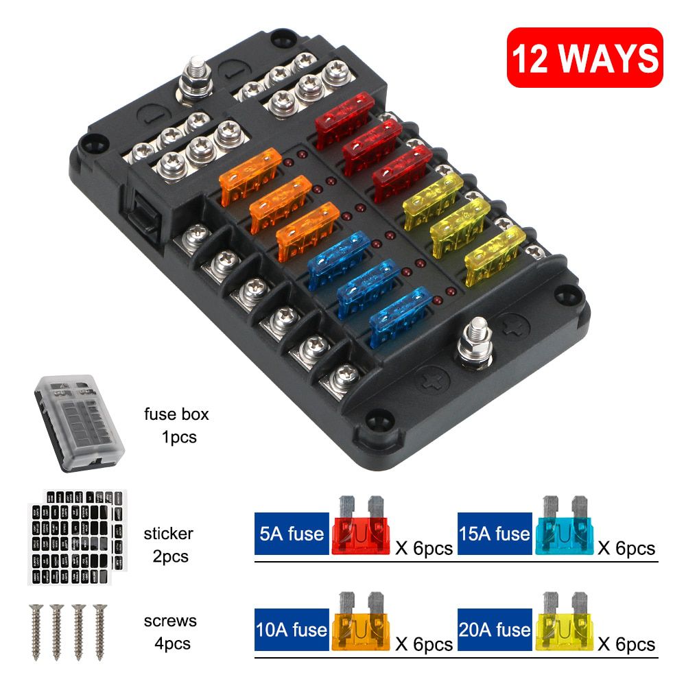 Plastic Cover 6 Ways 12 Ways Blade Fuse Block 12V 32V Fuse Box Holder M5 Stud With LED Indicator Light For Auto Car Marine