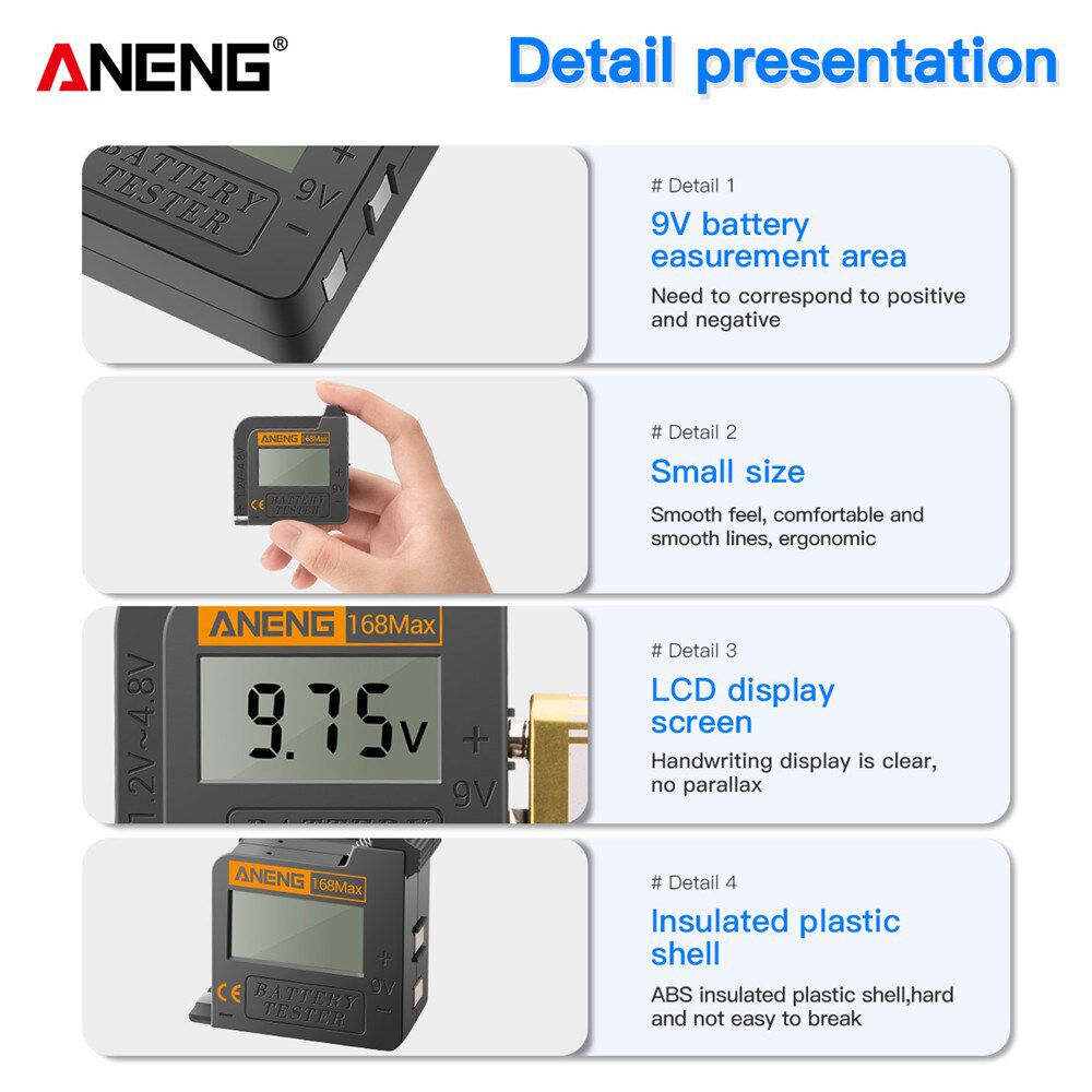 168Max Digital Lithium Battery Tester Capacity Universal Test Checkered Load Analyzer Display Check AAA AA Button Cell