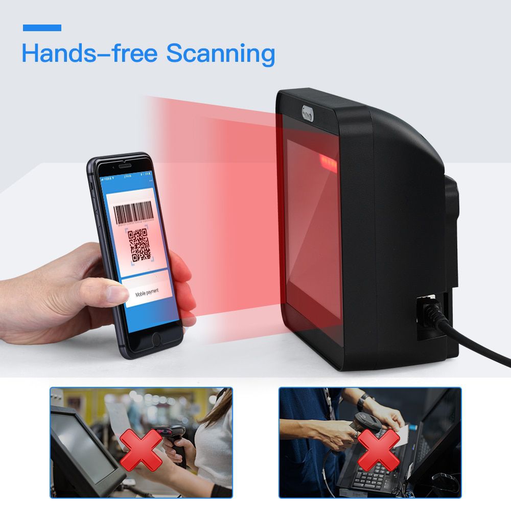 2D Desktop Barcode Scanner, Omnidirectional Hands-Free Wired USB Big Barcode Reader 1D QR Screen Barcodes Scanning Scanner