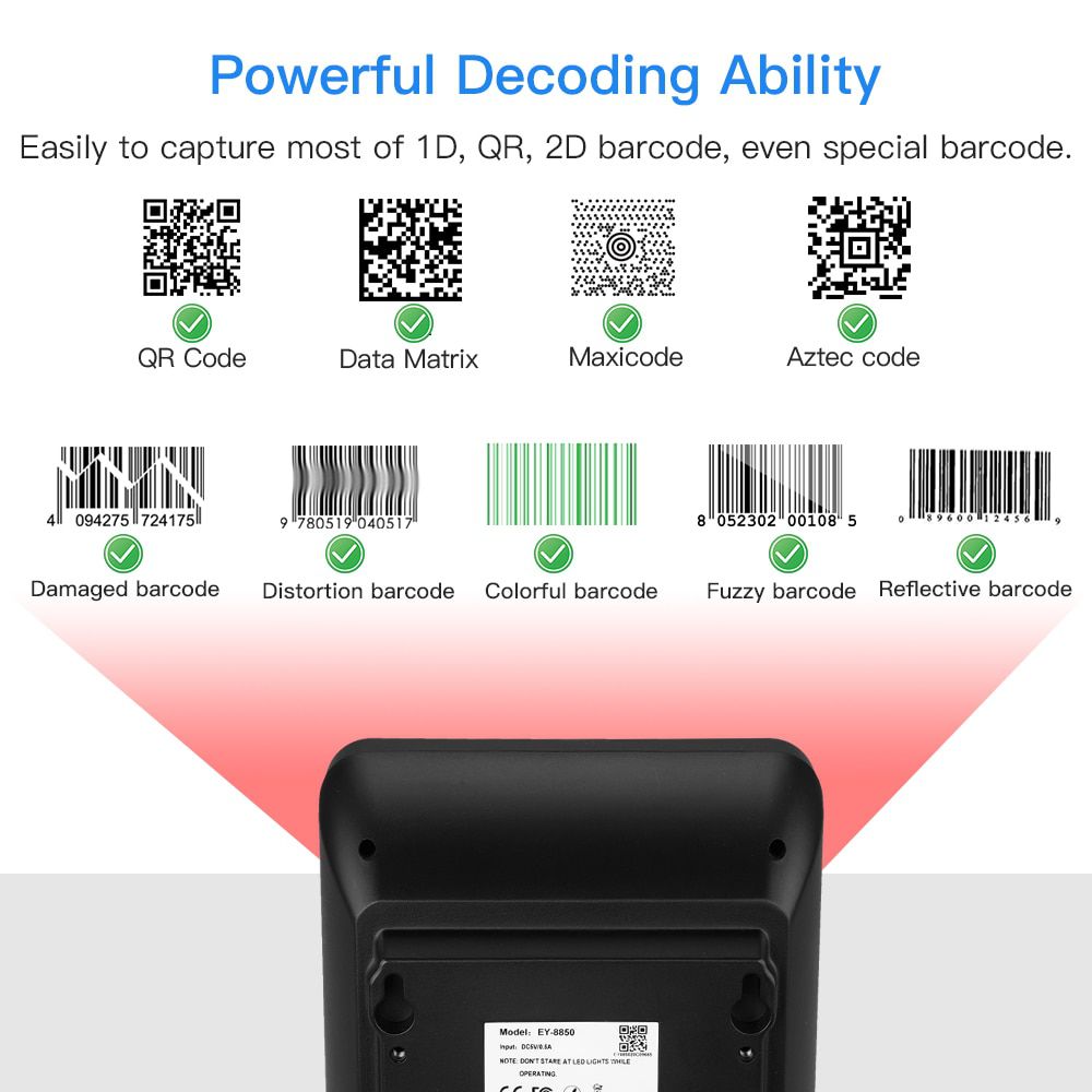 2D Desktop Barcode Scanner, Omnidirectional Hands-Free Wired USB Big Barcode Reader 1D QR Screen Barcodes Scanning Scanner