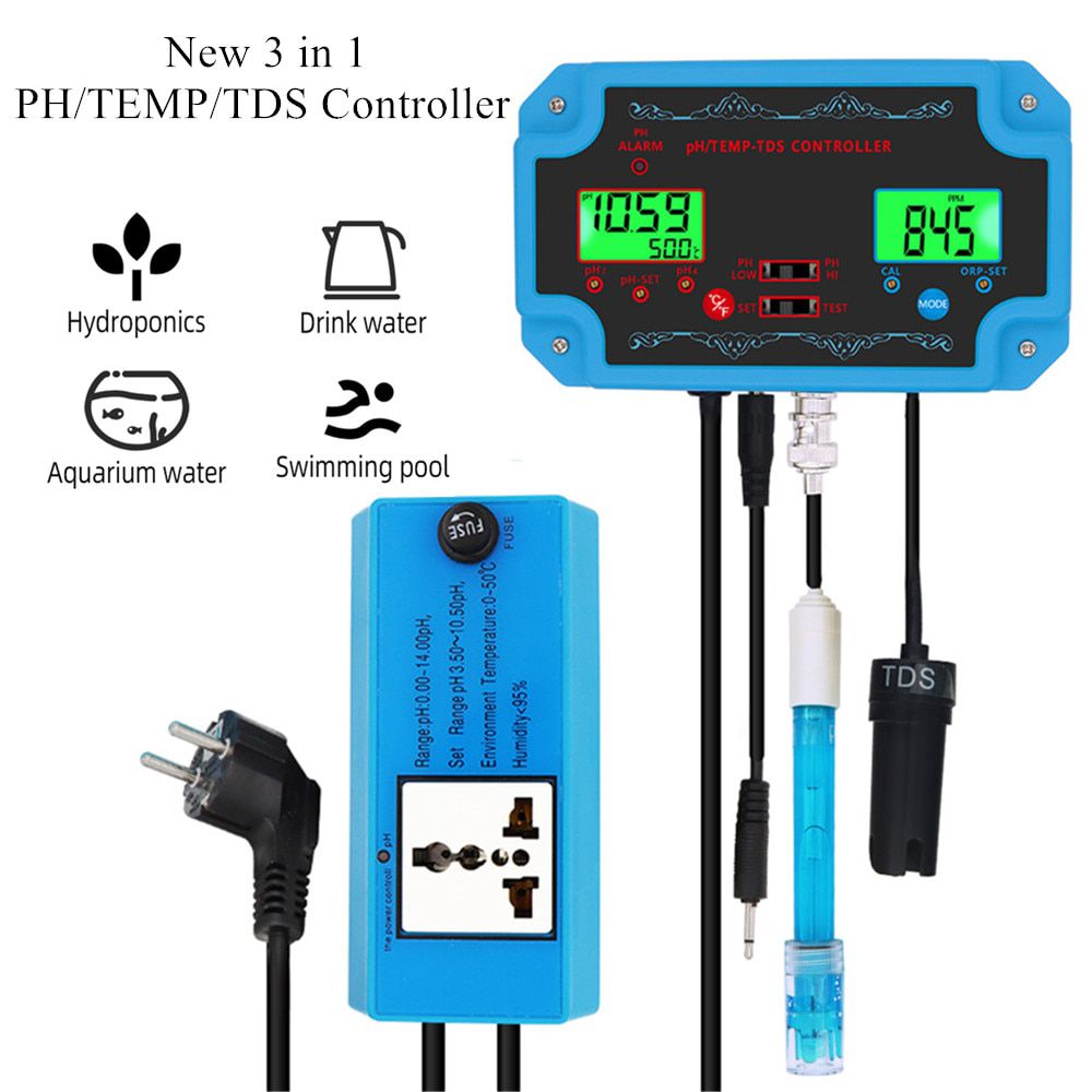 New 3 in 1 PH/TEMP/TDS Controller Water Quality Detector pH Controller with Electrode BNC Type Probe Tester for Aquarium