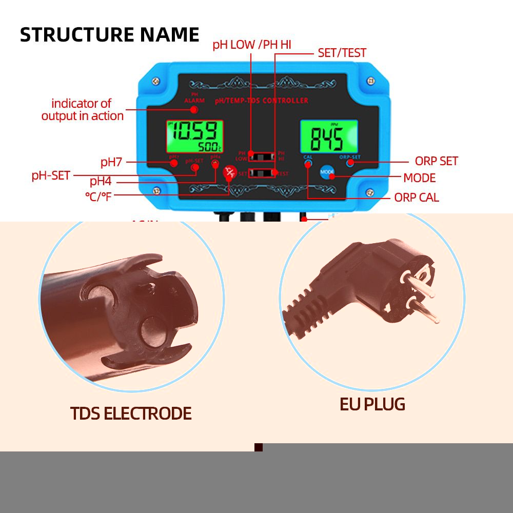 New 3 in 1 PH/TEMP/TDS Controller Water Quality Detector pH Controller with Electrode BNC Type Probe Tester for Aquarium