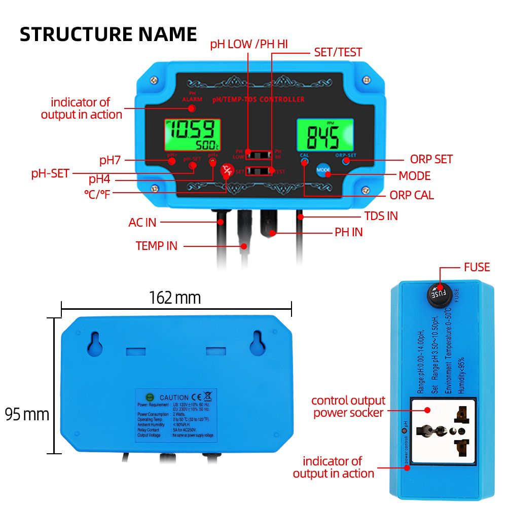 New 3 in 1 PH/TEMP/TDS Controller Water Quality Detector pH Controller with Electrode BNC Type Probe Tester for Aquarium