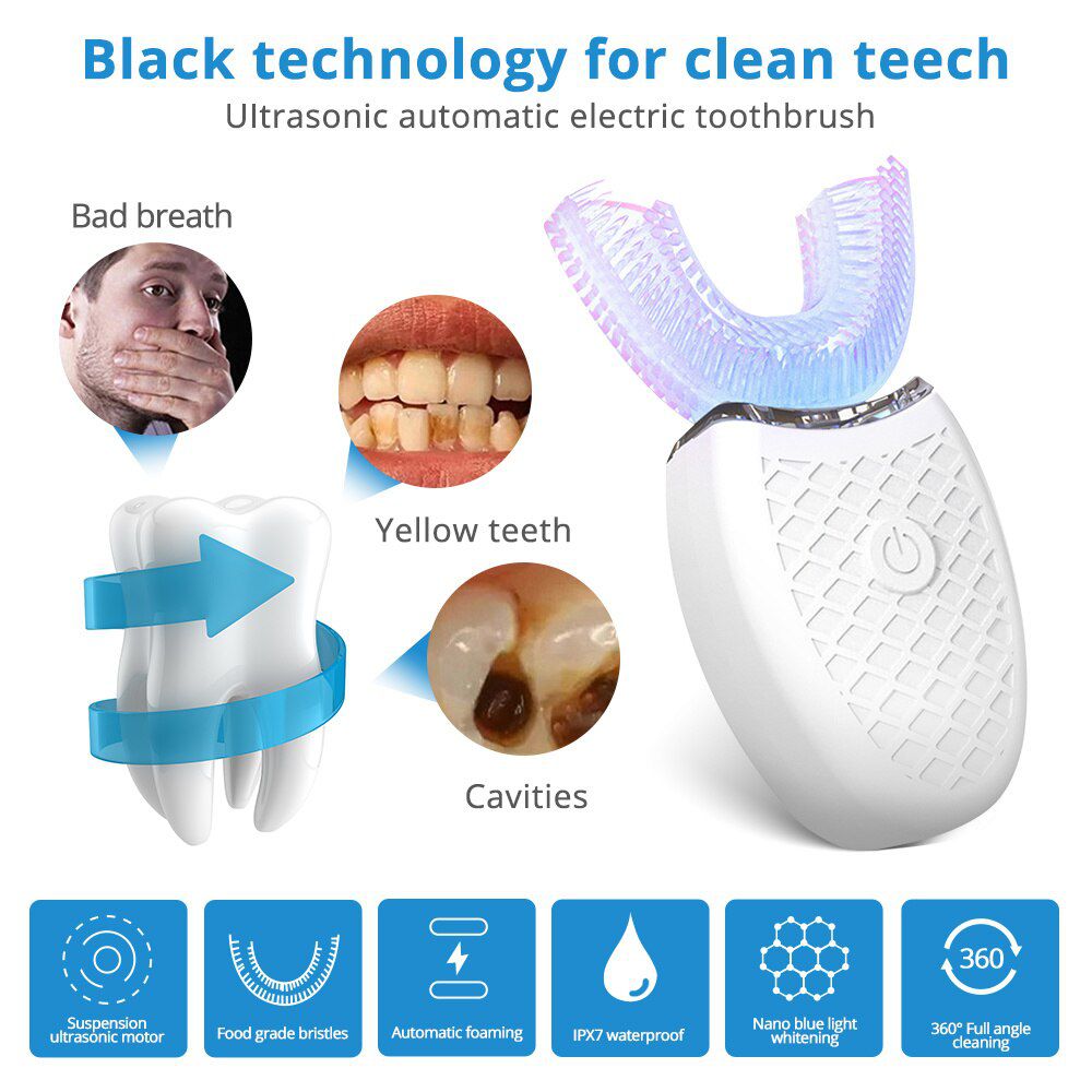 360 Degrees Intelligent Automatic Sonic Electric Toothbrush U Type 4 Modes Tooth Brush USB Charging Tooth Whitening Blue Light