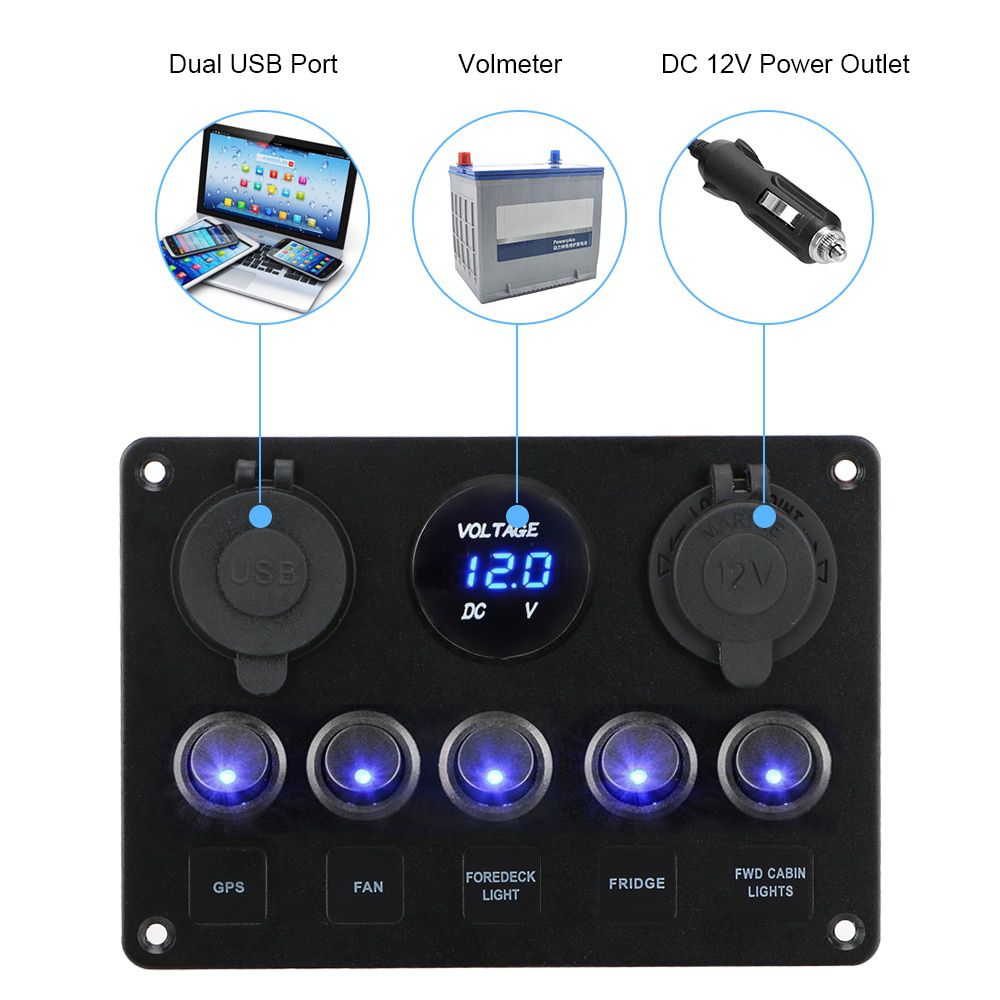 5 Gang 12V Waterproof Intergrated Switch Panel Digital Voltmeter Dual USB Port For Car Marine LED Rocker Accessories