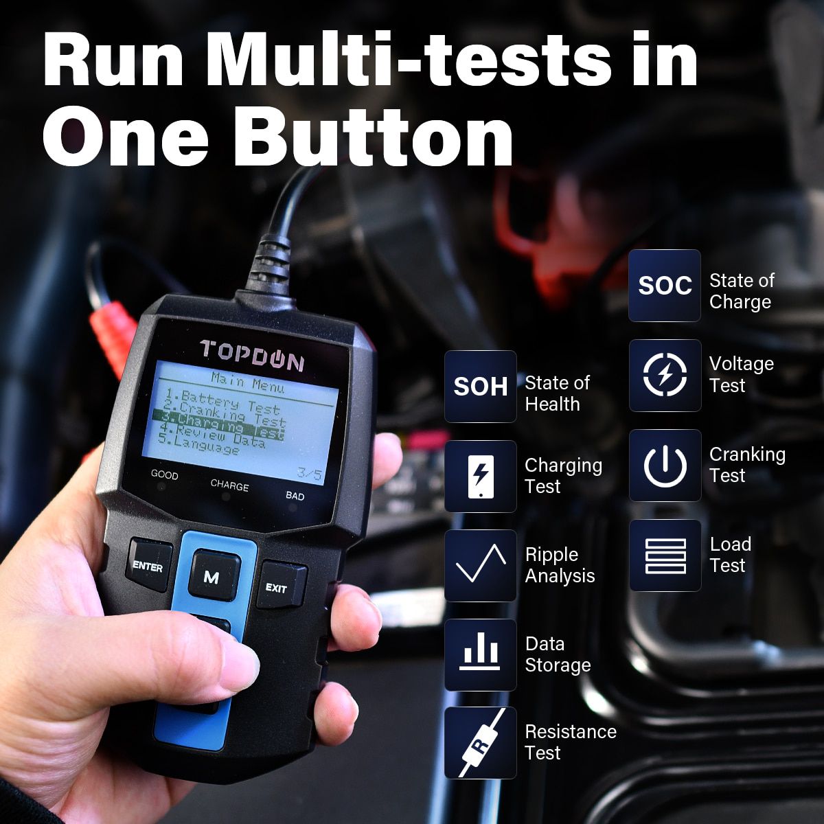 6V/12V Car Battery Tester BT100TOPDON 100-2000CCA Charger Analyzer Tester CRANKING CHARGING TEST Auto Load Voltage Battery Test