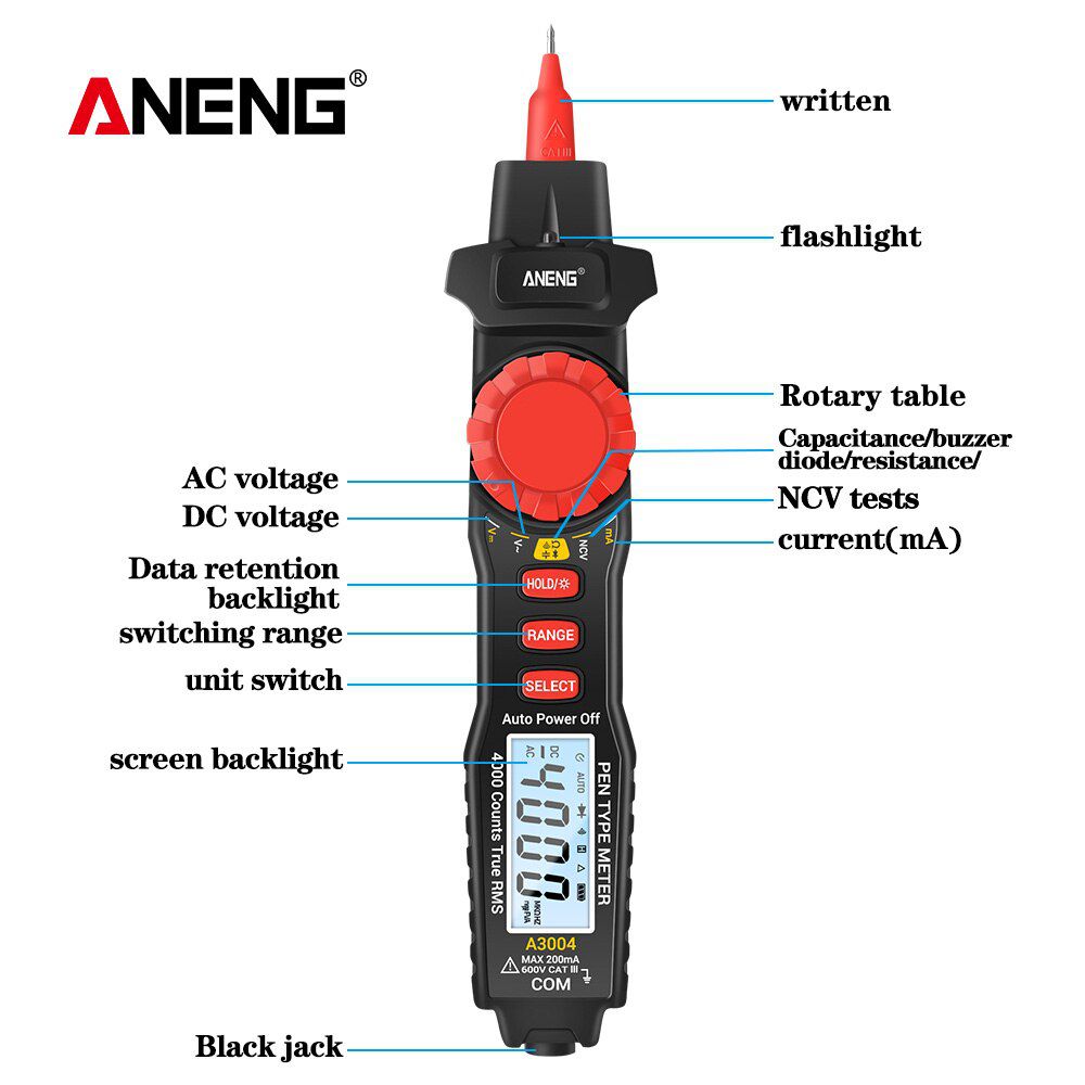 ANENG A3004 Digital Multimeter Pen 4000 Counts AC/DC Current Meter Electric Handheld Tester Voltage Resistance Profesional Tools