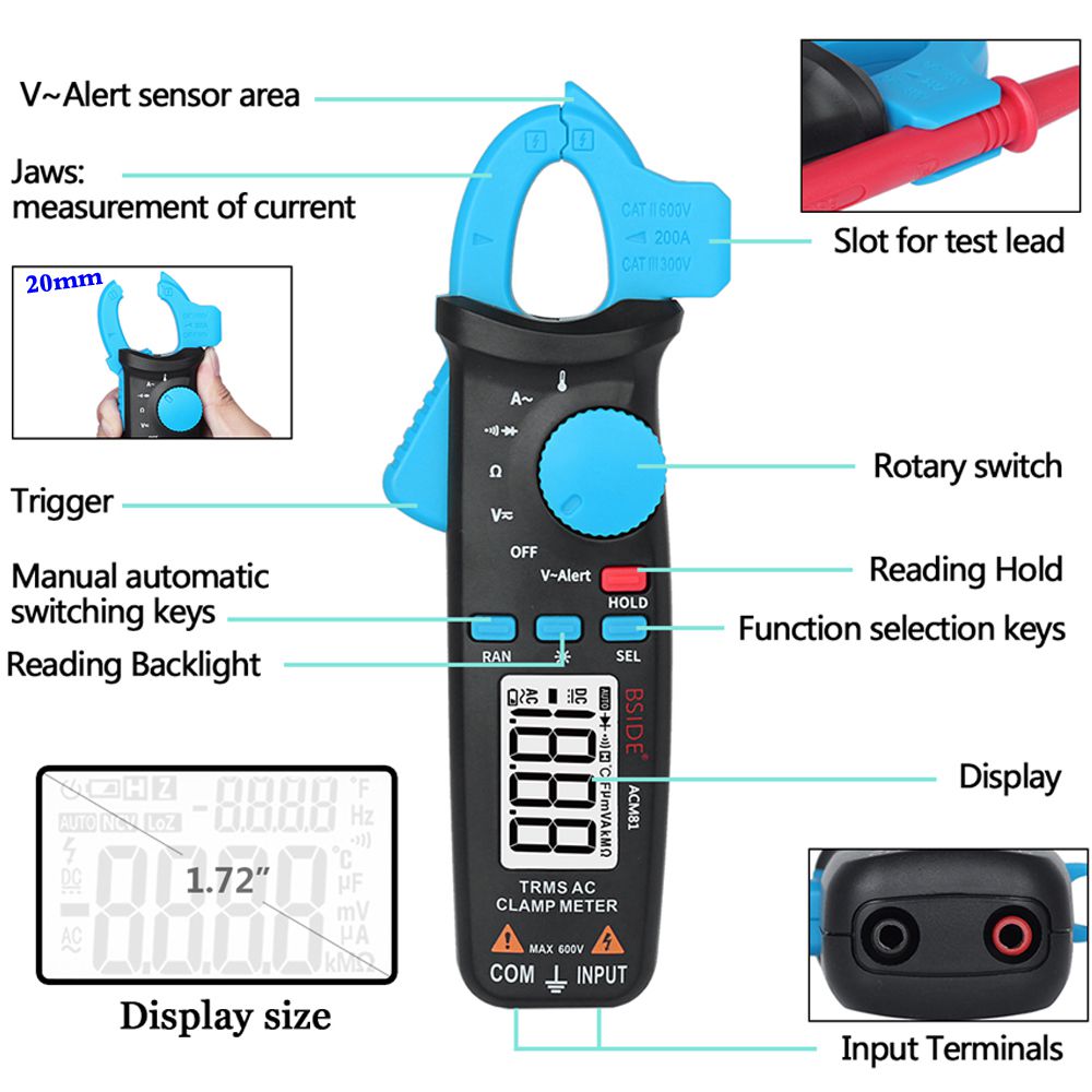 ACM81 Digital Clamp Meter Auto-Rang TRMS 1mA Accuracy 200A Current DC AC Multimeter Vol Ohm Diode Temperature NCV Tester