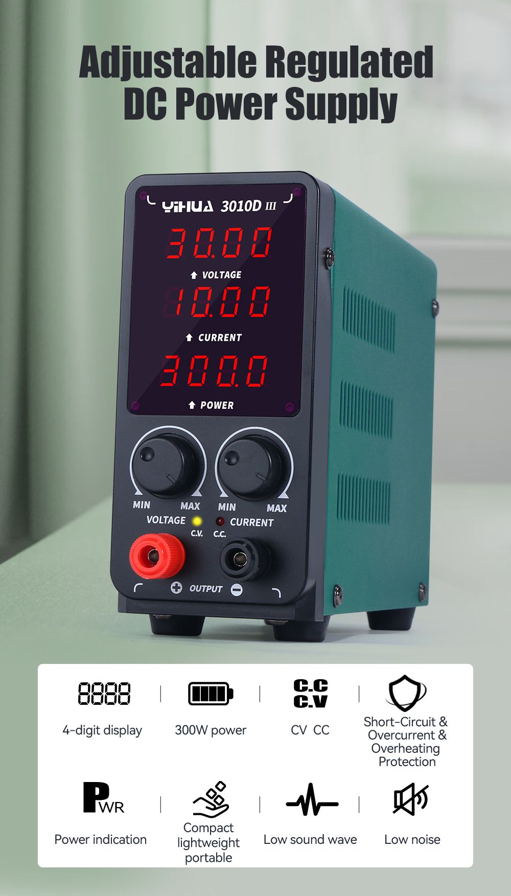 YIHUA 3010D-III 30V 10A Adjustable DC Power Supply LED Digital Lab Bench Power Source Stabilized Power Supply Voltage Regulator Switch