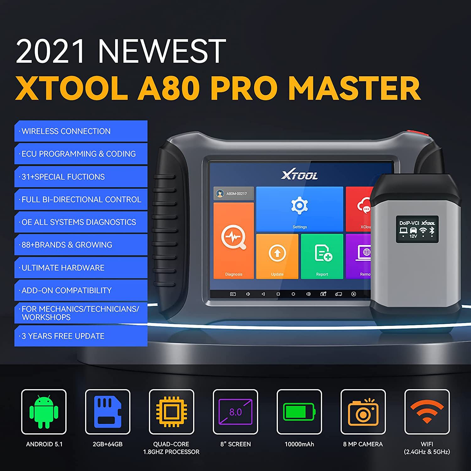 XTOOL A80 PRO Master With KC501/ks-1 All System Diagnostic Tool ECU Programmming Key Coding AUTO VIN SCAN Function For BENZ