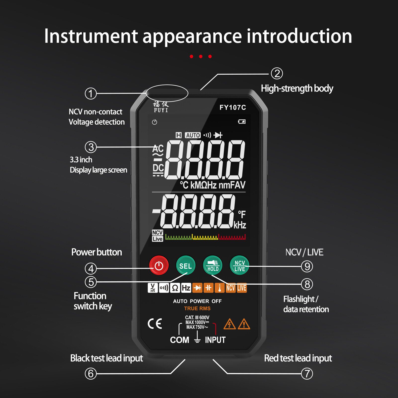 FY107C FY107B Ammeter Meter Multimeter Digital Tester Multimeters Ture RMS AC DC Transistor Tester Capacitor Temperature Voltmeter Smart Meter