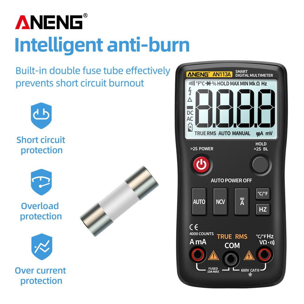 AN113A Digital Multimeter True RMS with Temperature Tester 4000 Counts Auto-Ranging AC/DC Transistor Voltage Meter