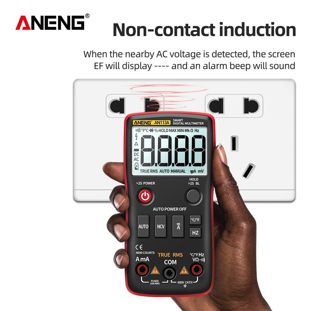 AN113A Digital Multimeter True RMS with Temperature Tester 4000 Counts Auto-Ranging AC/DC Transistor Voltage Meter