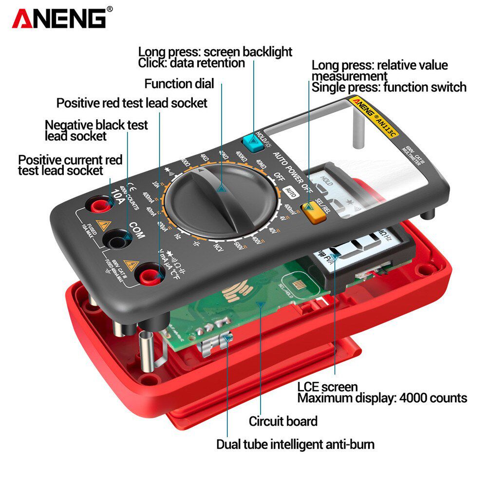 AN113C/E Digital Professional Multimeter 4000 Counts Eletric Auto AC/DC Voltage tester Current Ohm Ammeter Detector Tool