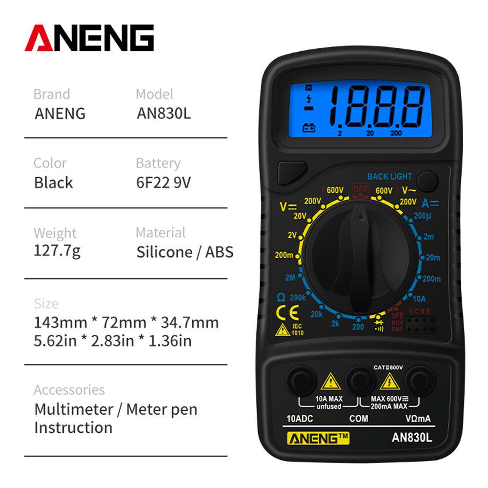 AN830L Digital Multimeter Voltmeter Ammeter AC/DC OHM Tranistor NCV Tester LCD Current  Analog Multi Meter Capacitance