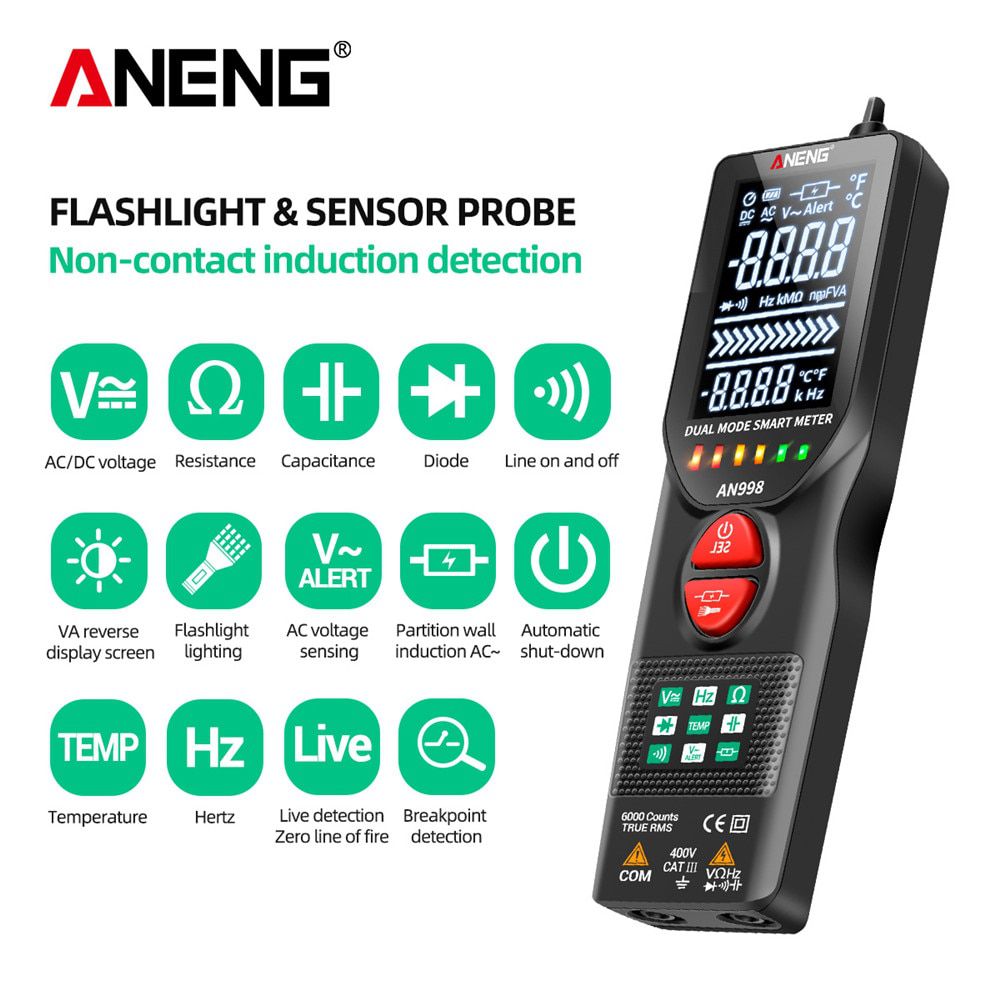 AN998 Automatic Digital 6000 Counts Professional Multimeter Eletric Auto Ranging AC/DC Voltmeter Temp Ohm Hz Detector Tool