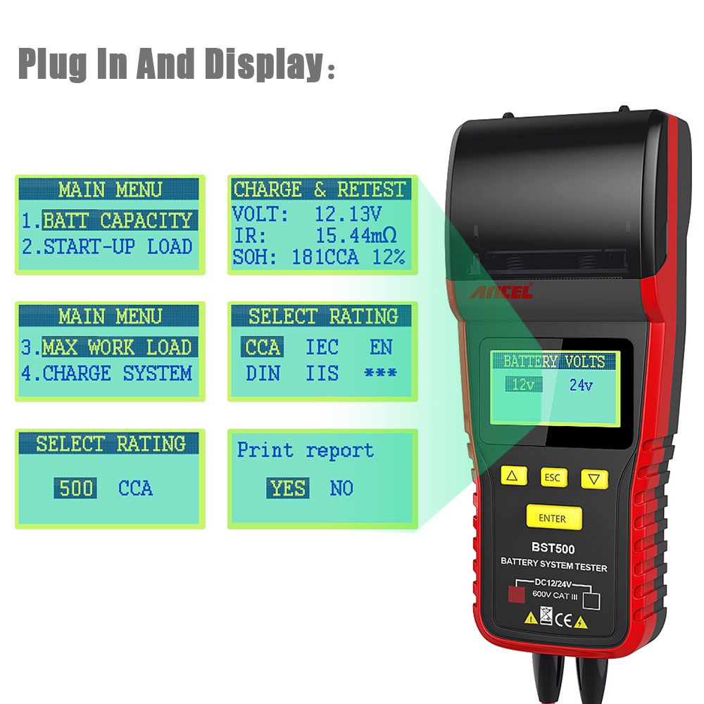 Ancel BST500 12V 24V Car Battery Tester With Thermal Printer Car Heavy Duty Truck Battery Analyzer Battery Test Diagnostic Tool