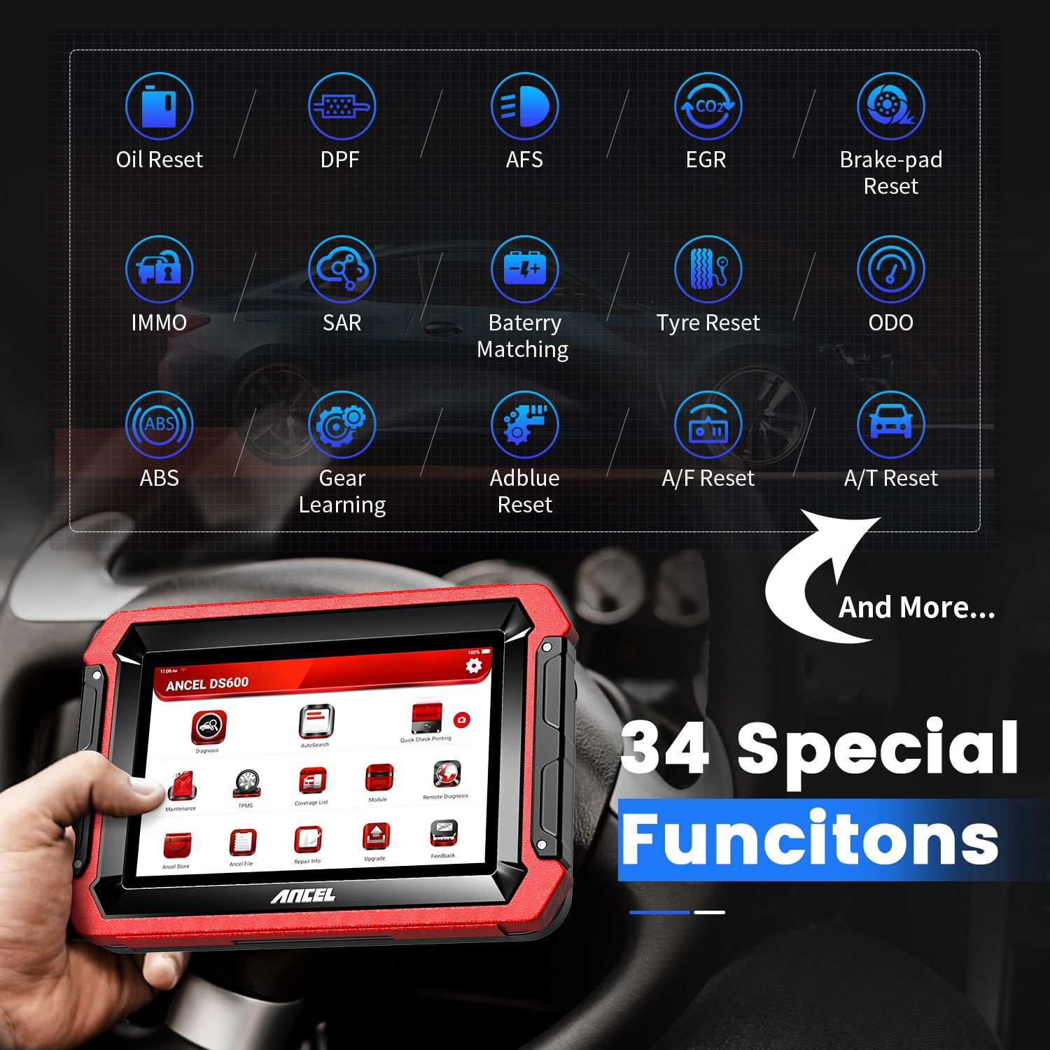 ANCEL DS600 Automotive Scanner Professional ECU Coding DPF TPMS IMMO AF Adjustment OBD2 Bi-directional Control Diagnostic Tool