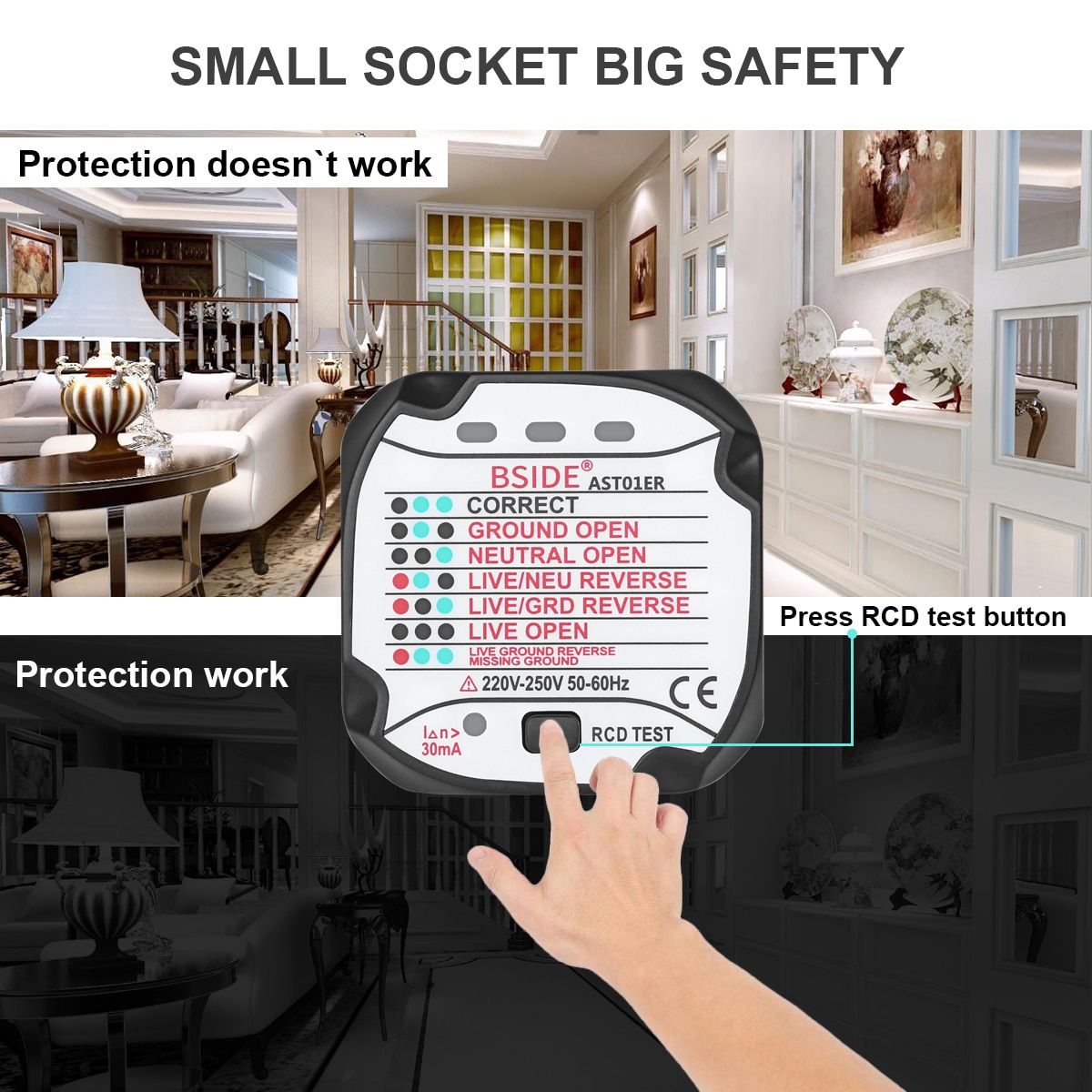 AST01 Electric Socket Tester EU US UK AU Plug RCD GFCI Test  Outlet Ground Zero Line Plug Polarity Phase Wall Check