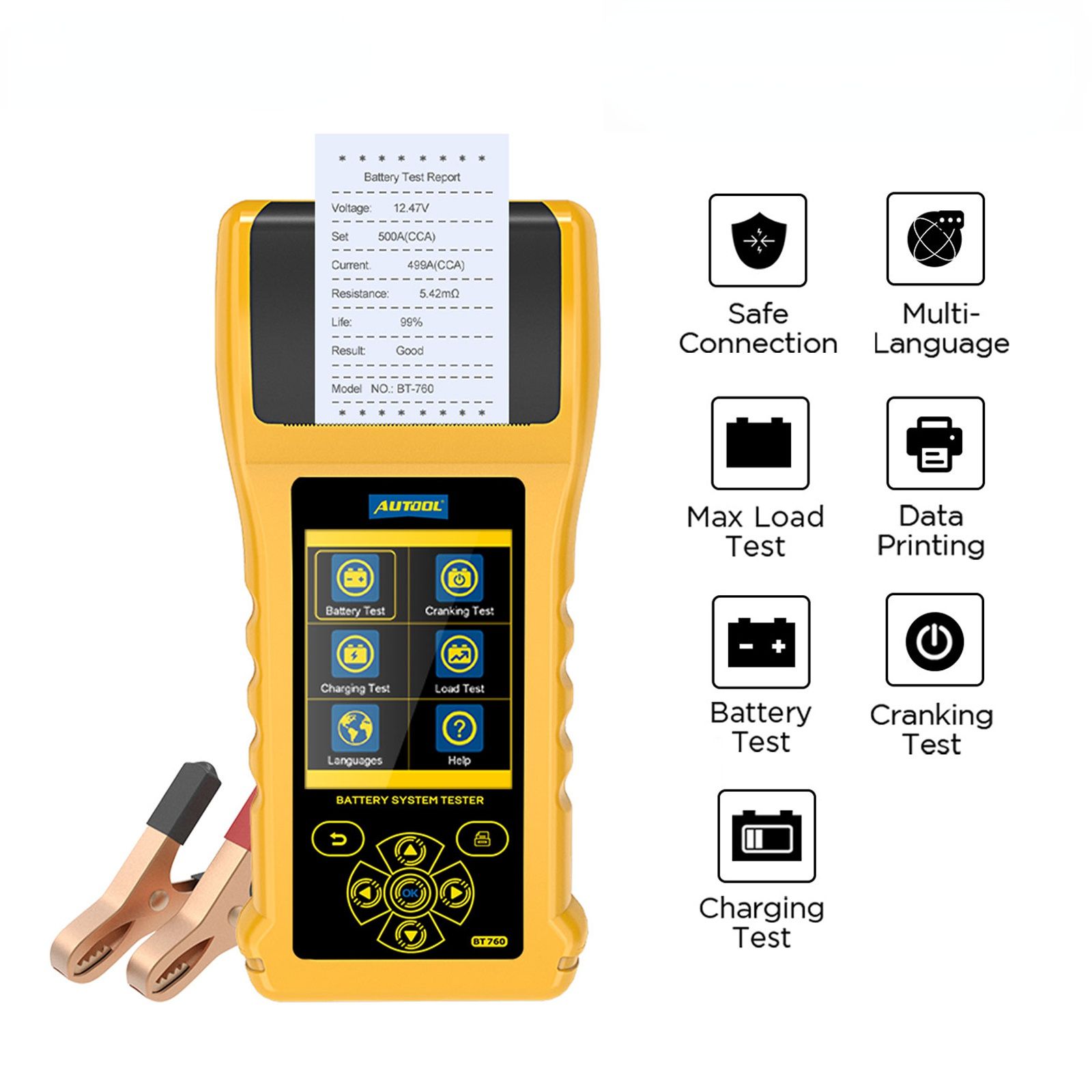 AUTOOL BT760 Car Battery Tester 6- 32V Color Screen Load Battery Analyzer Tester Multifunctional Battery Tester with Printer