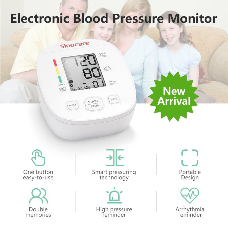 Sinocare Blood Pressure Monitor Tensiometer Upper Arm Automatic Digital BP Machine Pulse Heart Rate Meter 3 Color LCD Display