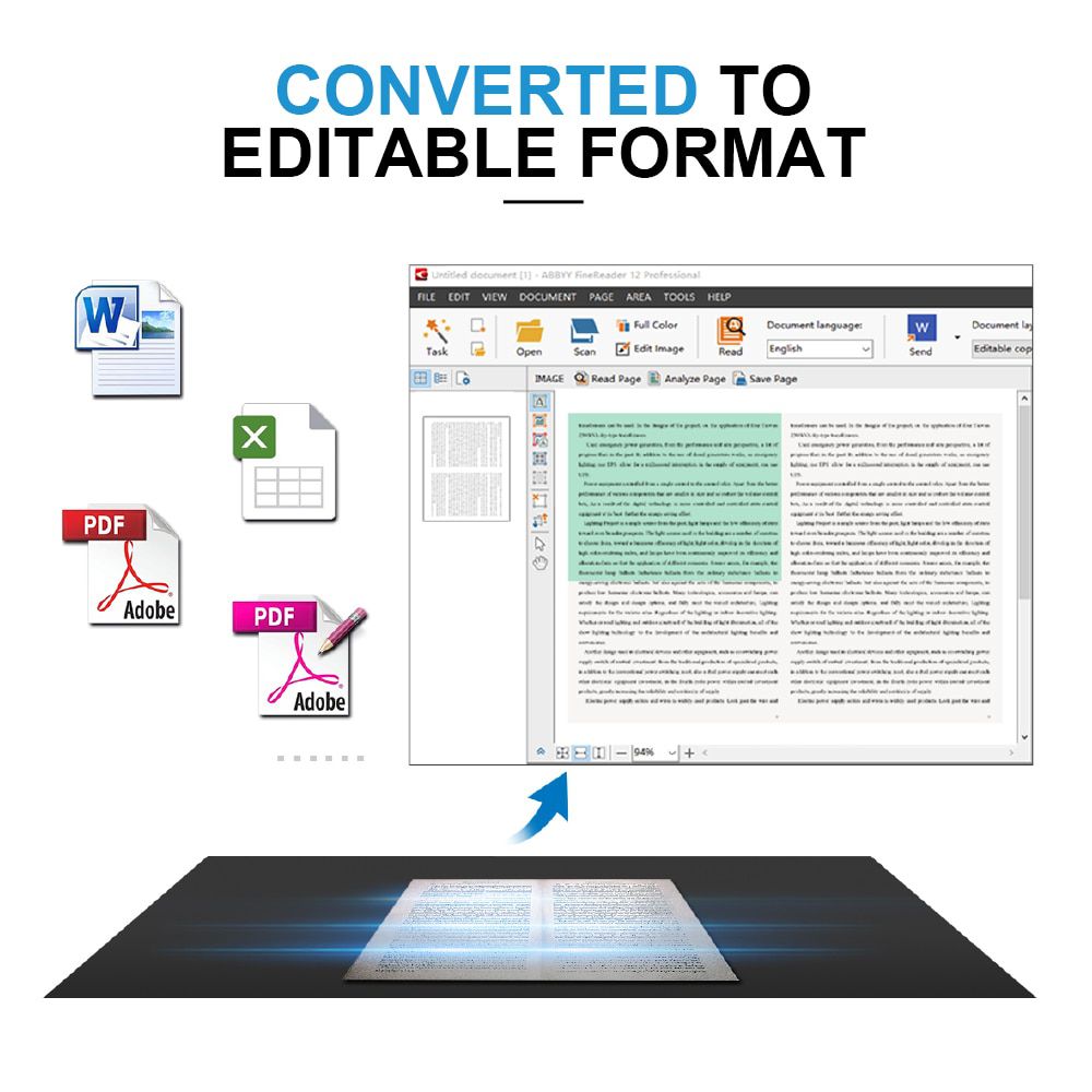 Book & Document Scanner, Auto-Flatten & Capture Size A3, Smart Multi-Language OCR, SDK & Twain for Office and Education