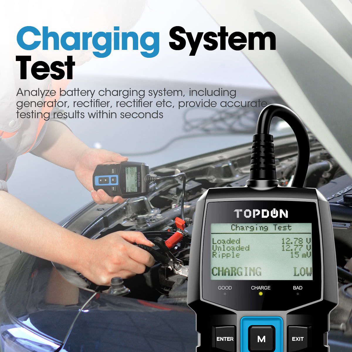 TOPDON BT100 Car Battery Tester Charger Analyzer 12V 2000CCA Voltage Battery Test Car Battery Tester Charging Cricut Load Tools