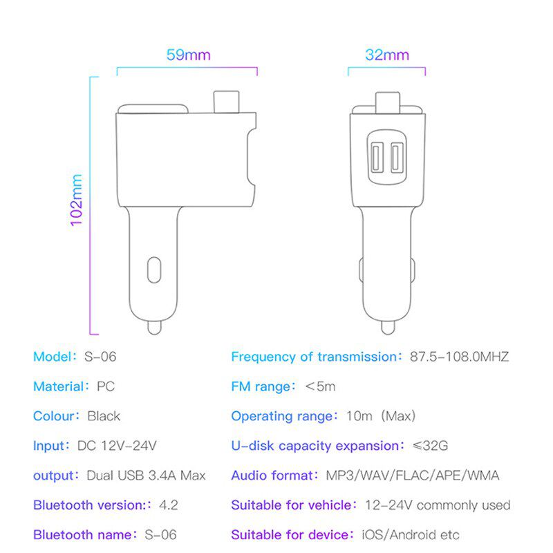 Car FM Transmitter Bluetooth-compatible Handsfree Car Kit USB Fast Charging Cigarette Lighter Port Audio MP3 Player