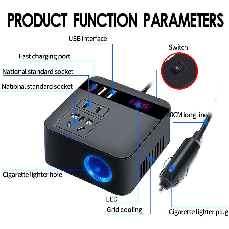 Car Inverter 150W Peak DC12V/24V to 110V/220V LED Display Sockets Power Inverter with QC 3.0 USB Charger Fast Charging