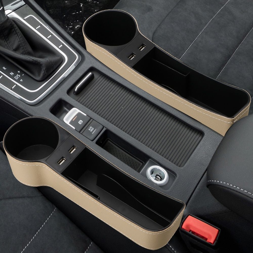 Car Organizer Auto Crevice Pocket Dual USB Charger Phone Bottle Cups Holder Seat Gap Slit Leather Storage Box Car Accessories