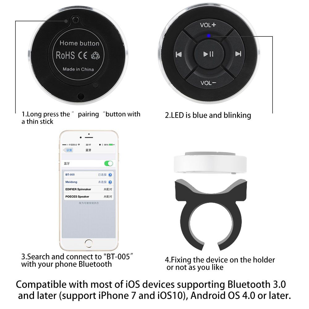 Car Steering Wheel Wireless Remote Controls For IOS Android Phone Tablet Motorcycle Bike Bluetooth Media Volume Button