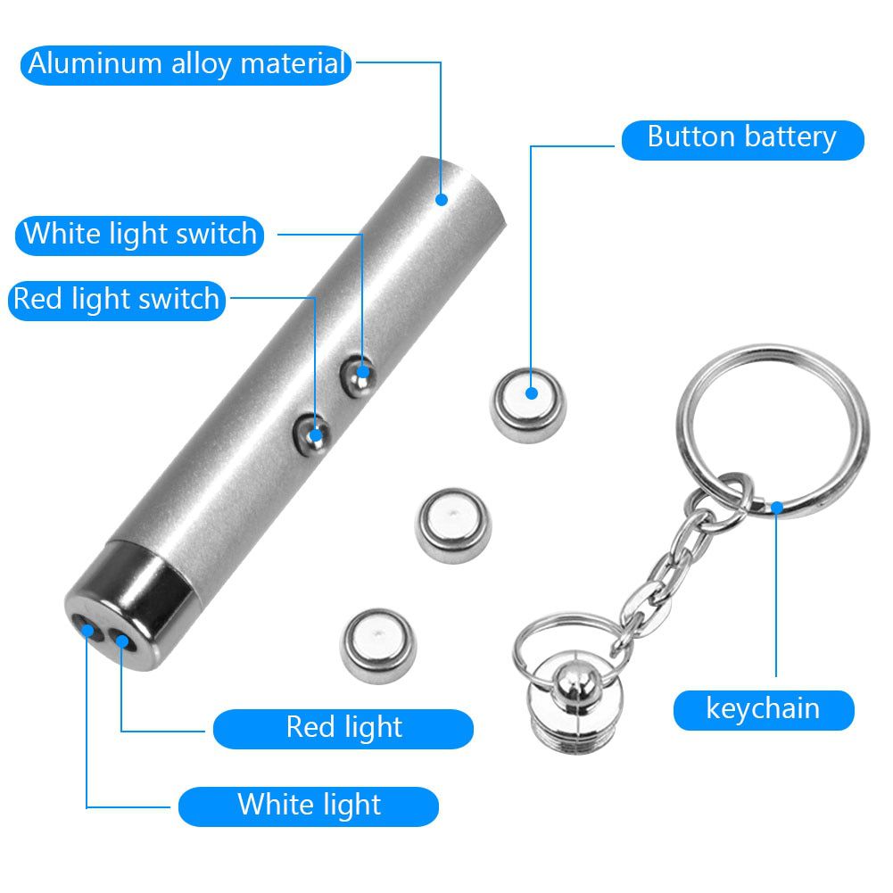 2-In-1 Cat Pet Toy Red Laser Light LED Pointer Pen Torch Interactive Training Pet Cat Dog Fun Toy Aluminum Alloy With Keyring