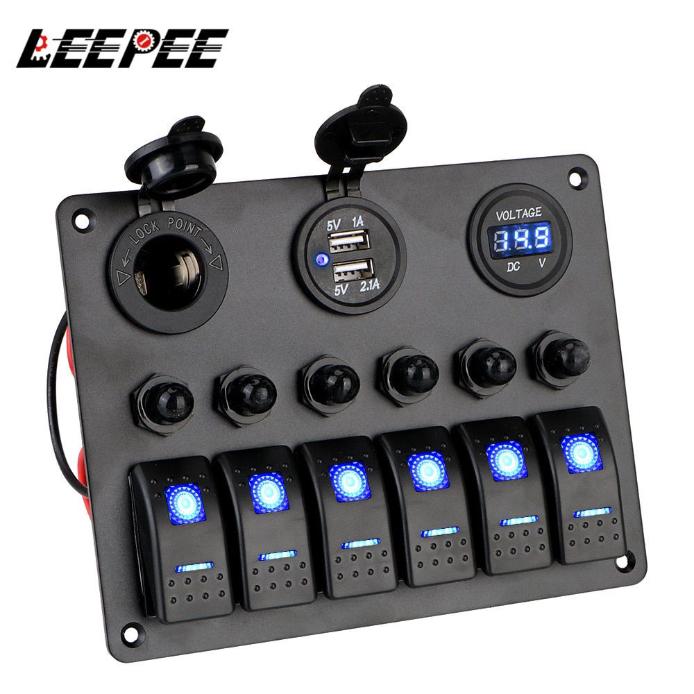 DC 12V/24V 6 Gang Rocker Switch Panel Car Marine Circuit LED Breaker Digital Voltmeter Aluminum Panel Dual USB Ports