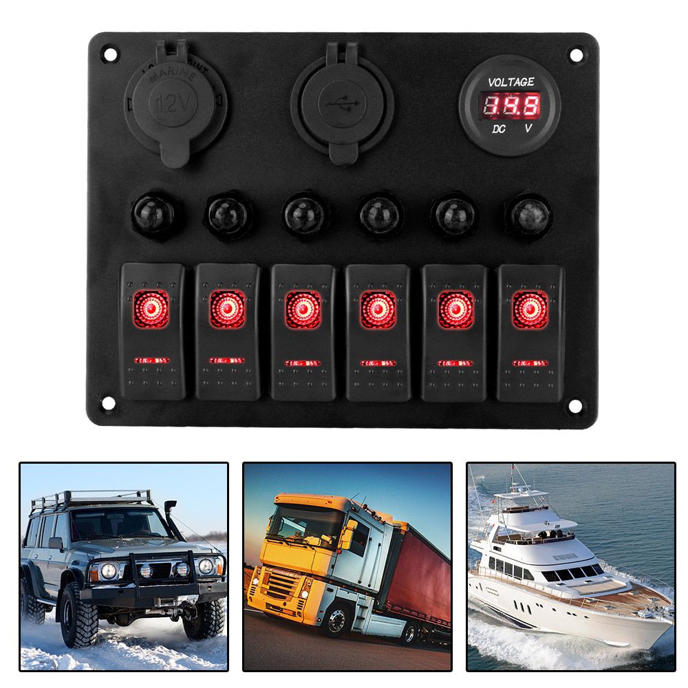 DC 12V/24V 6 Gang Rocker Switch Panel Car Marine Circuit LED Breaker Digital Voltmeter Aluminum Panel Dual USB Ports