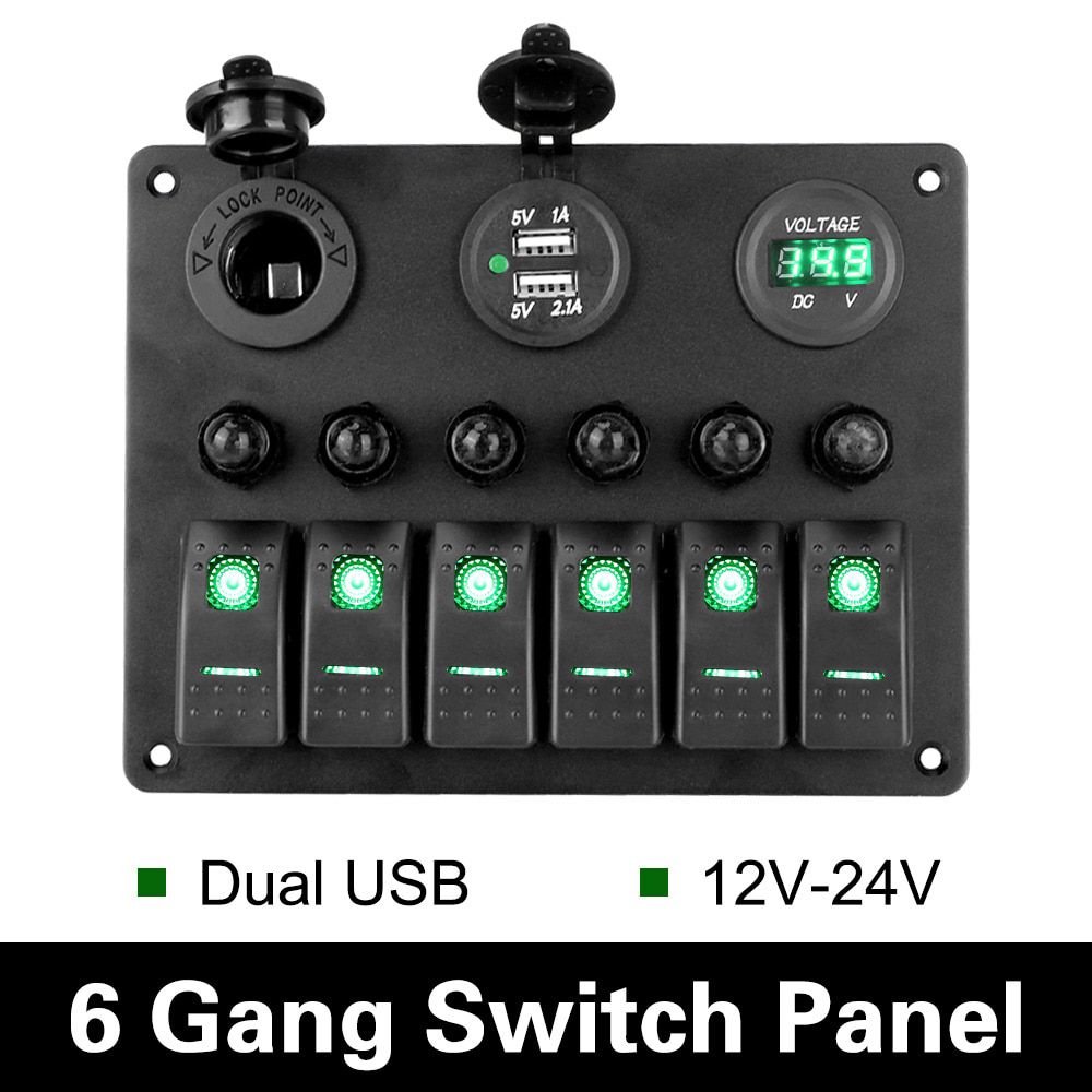 DC 12V/24V 6 Gang Rocker Switch Panel Car Marine Circuit LED Breaker Digital Voltmeter Aluminum Panel Dual USB Ports