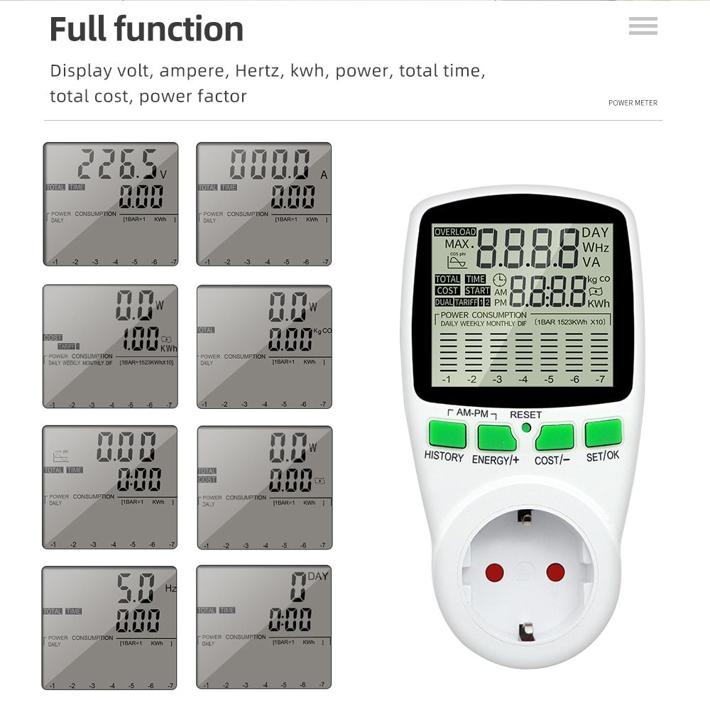 Digital Energy Meter Wattmeter Wattage Electricity Kwh Power Meter LCD Power Meter Outlet Power Analyzer EU US UK AU FR