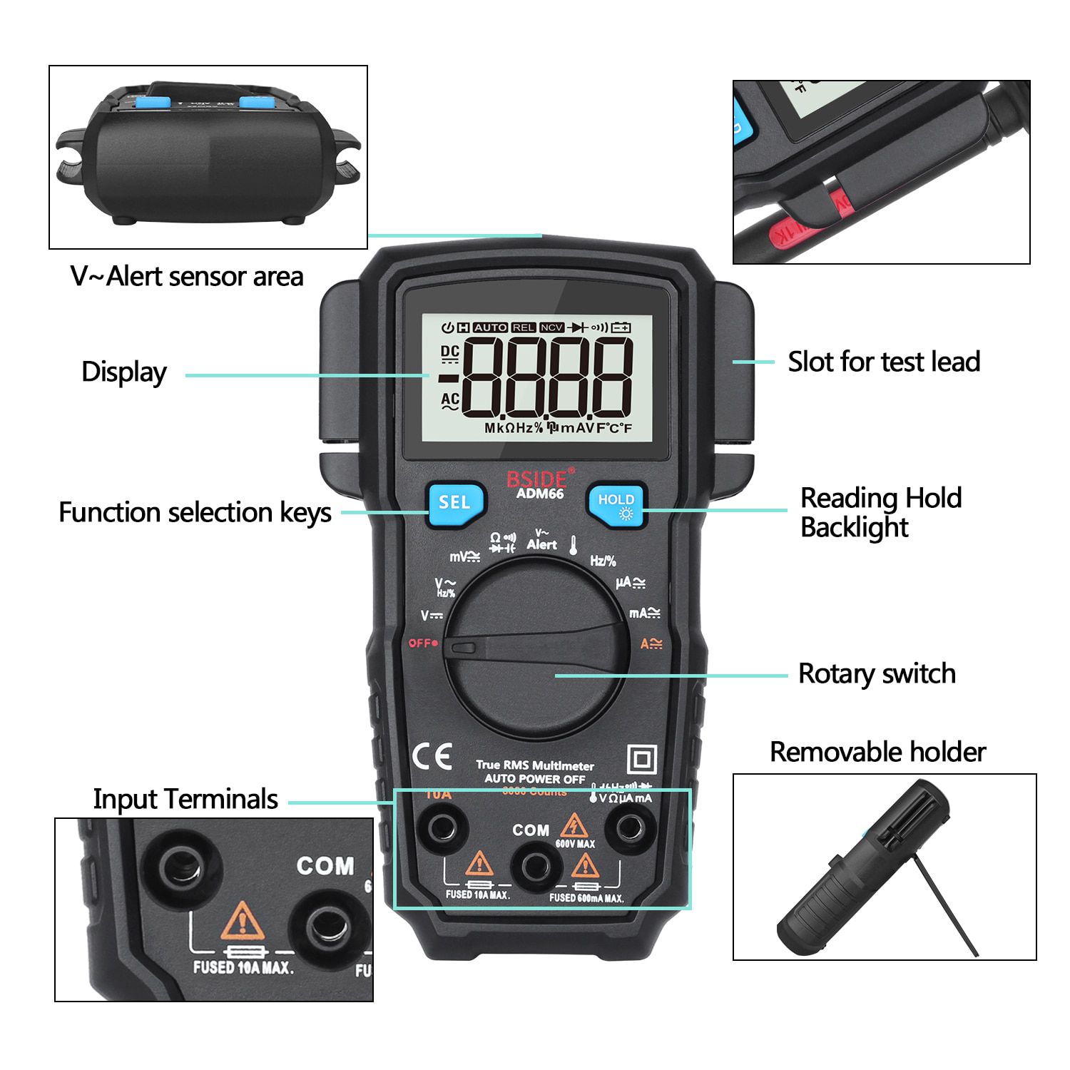 Digital Multimeter  ADM66 True RMS Ammeter Voltmeter Auto Range Voltage Capacitance Diode Temperature Amp NCV Hz Ohm Tester