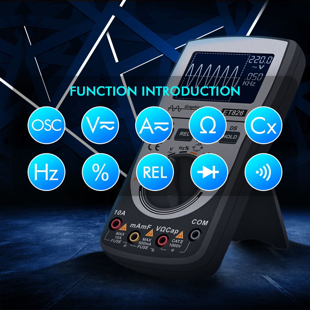 ET826 Digital Oscilloscope Multimeter DC/AC Current Voltage Resistance Frequency Diode Tester with 4000 Counts 20KHz Analog Bandwidth