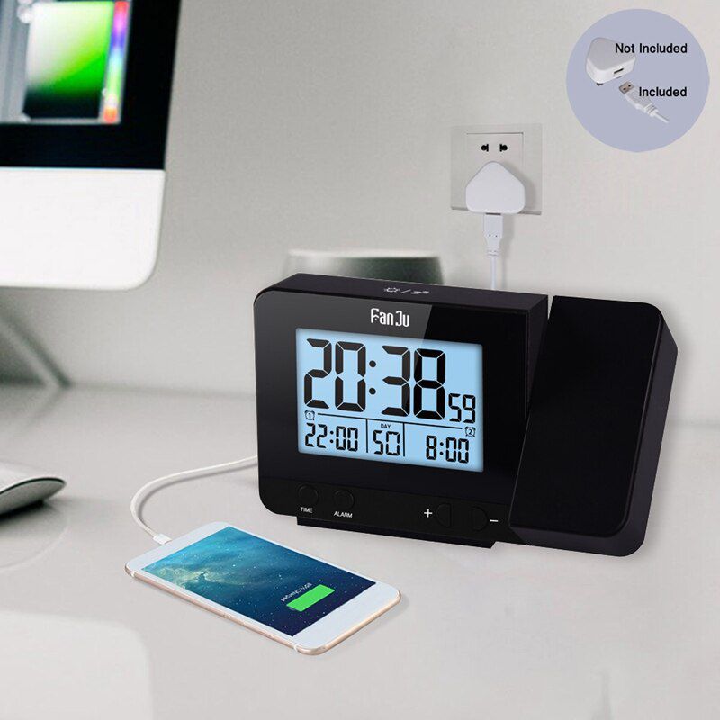 Digital Projection Alarm Clock Date Snooze Function LED Projector Desk Table Thermometer Hygrometer Lazy Clock Time Backlight