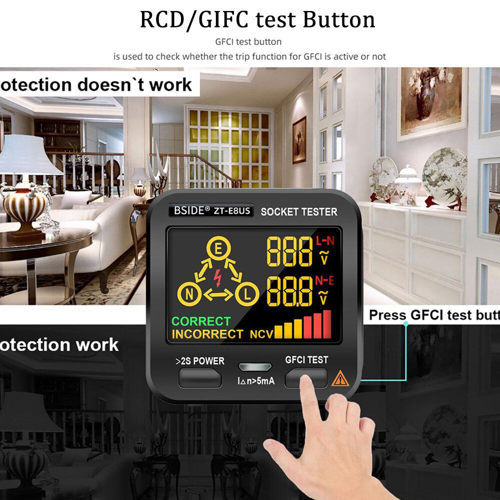 Digital Socket Tester ZT-E8 Smart LCD Outlet checker NCV Test Voltage Detector Ground Zero Line RCD Check