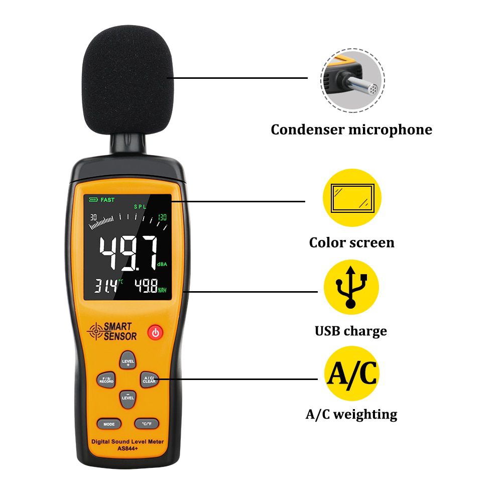 AS844+ Digital Sound Level Meter 30~130db Audio Noise Volume Measuring Instrument dB Decibel Monitoring Tester w/ Data Store 15000pcs