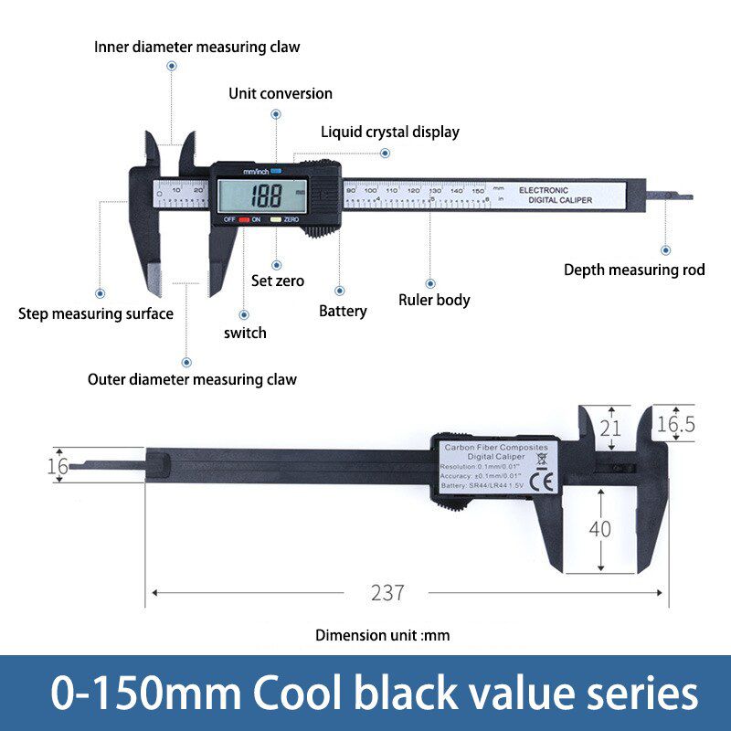 Digital Vernier Caliper 0-150mm 6-inch LCD Electronic Carbon Fiber Altimeter Micrometer Measuring Tool