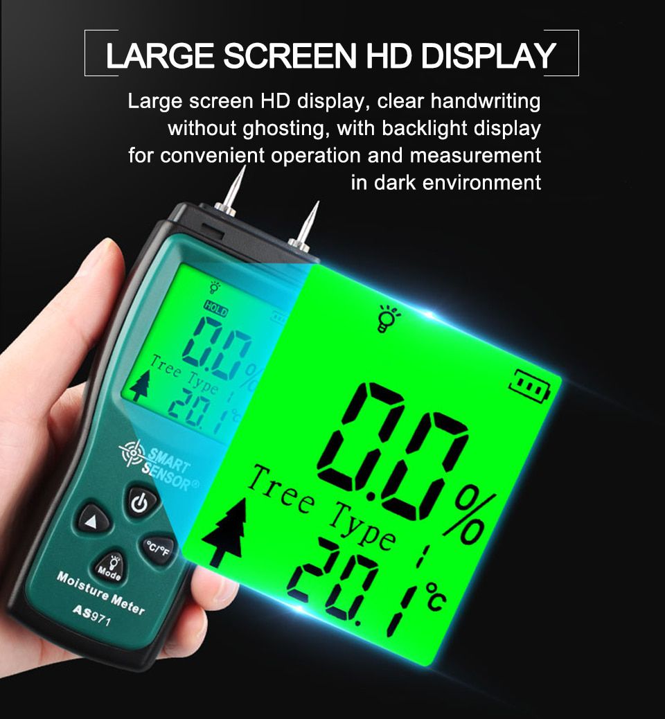 AS971 Digital Wood Moisture Meter Handheld Two Pins Wood Humidity Tester Paper Timber Damp Detector w/ LCD Display Probe Range 2%~70%