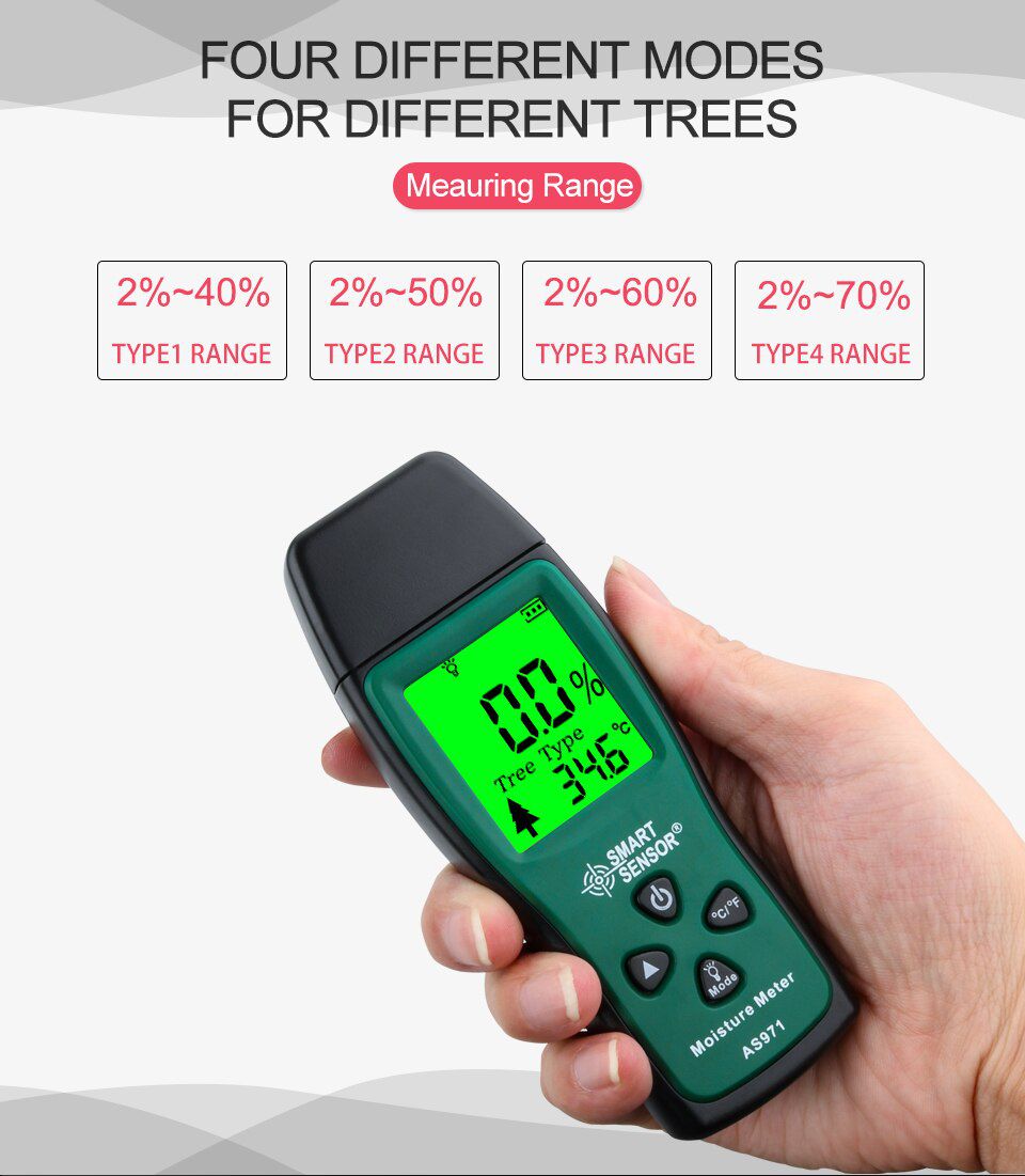 AS971 Digital Wood Moisture Meter Handheld Two Pins Wood Humidity Tester Paper Timber Damp Detector w/ LCD Display Probe Range 2%~70%