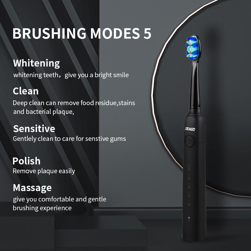 Electric Toothbrush Clean as Dentist Rechargeable Sonic Toothbrush with Smart Timer 5 Modes Travel Toothbrush with 3 Brush Heads