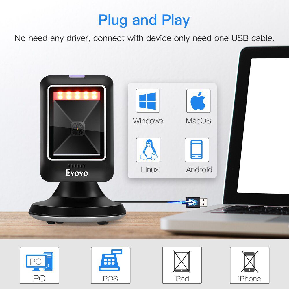 EY-6300 2D 1D Desktop Barcode Scanner Platform Scanner Automatic Sensing Scanning Hands-Free USB Wired Barcode Reader